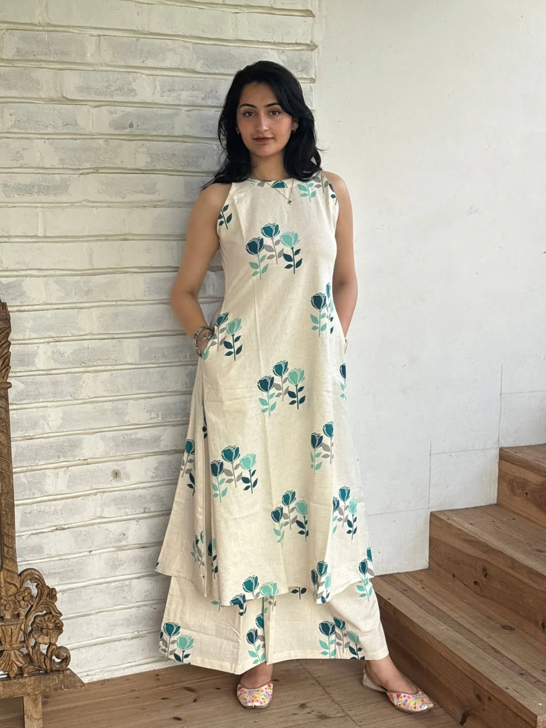 Off White Printed Cotton Kurta Palazzo Set | Elegant A-Line Halter Neck Outfit for Women - Image 2