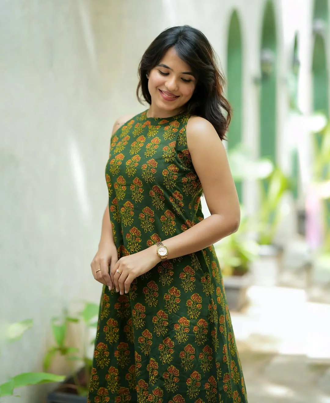 Olive Green Floral Cotton Kurta Palazzo Set | Premium A-Line Halter Neck Outfit - Image 2