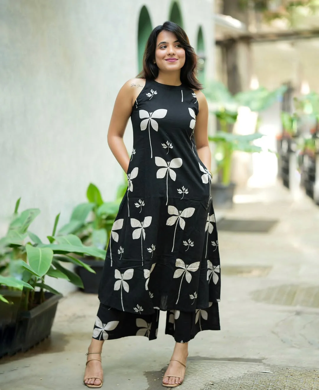 Black Floral Printed Cotton Kurta Palazzo Set | Stylish Sleeveless A-Line Kurti