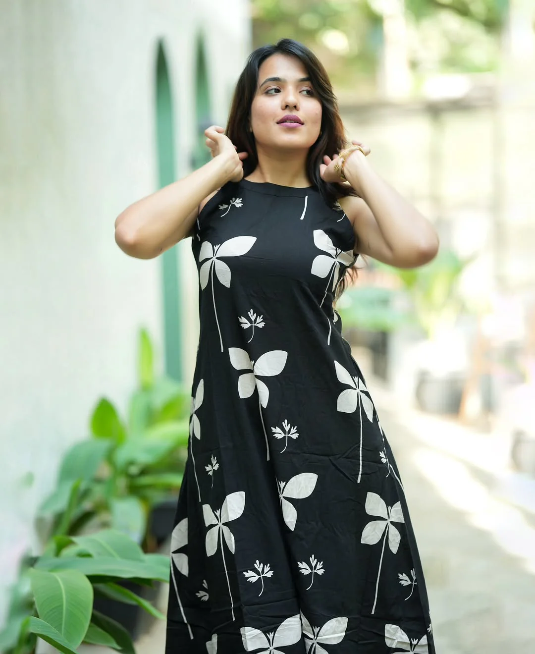 Black Floral Printed Cotton Kurta Palazzo Set | Stylish Sleeveless A-Line Kurti - Image 2