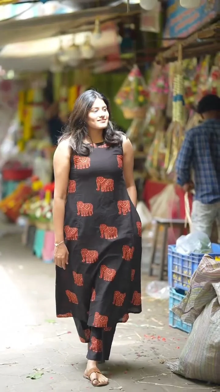 Black Elephant Print Cotton Kurta Palazzo Set | Ethnic A-Line Halter Neck Outfit - Image 2