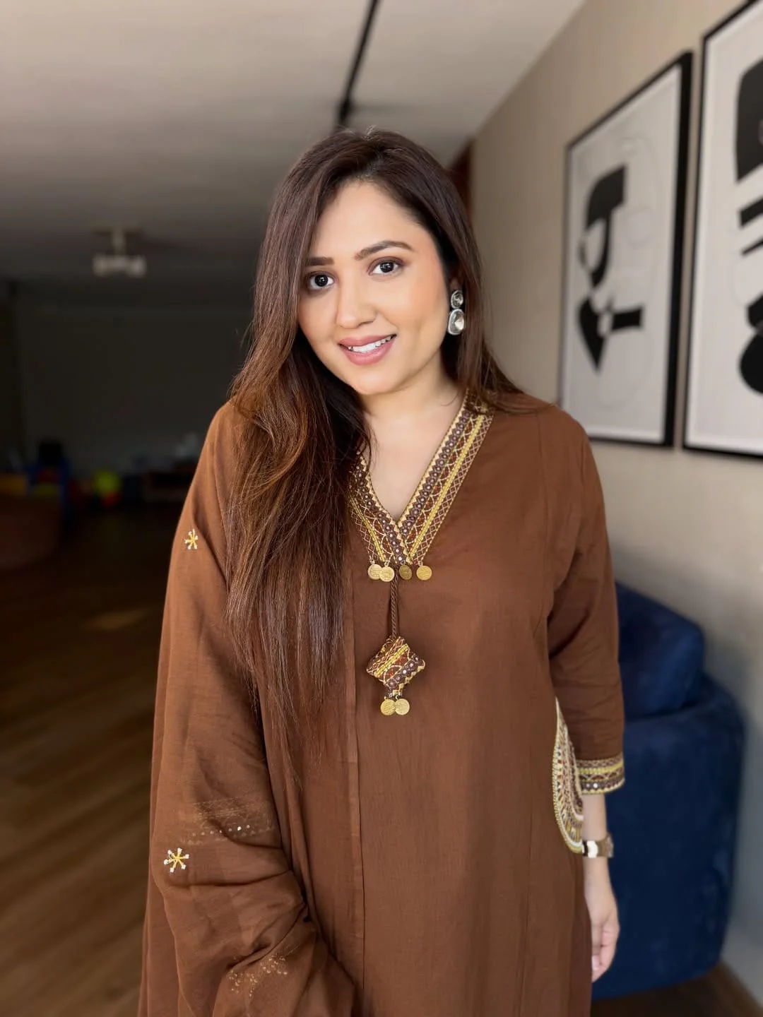 Brown Cotton Kurti Pant Dupatta Set with Embroidery for Women - Image 2