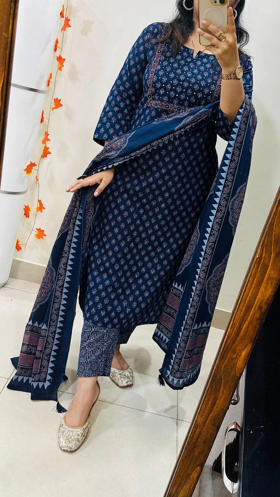 Navy Blue Printed Cotton Suit Set with Dupatta for Women - Image 2