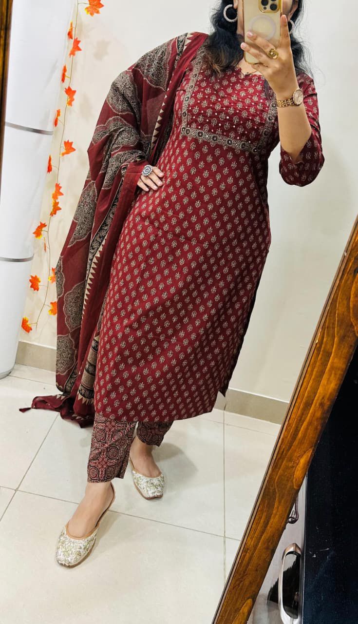 Maroon Printed Cotton Suit Set with Dupatta - Image 2