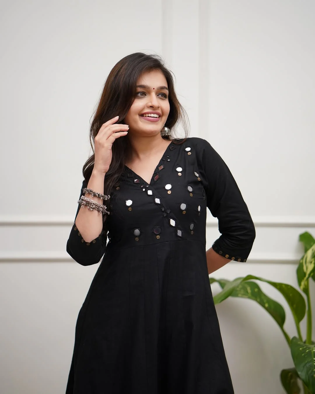 Black Cotton Kurti Pant Set with Mirror Work | Office Wear A-Line Kurta for Women - Image 2