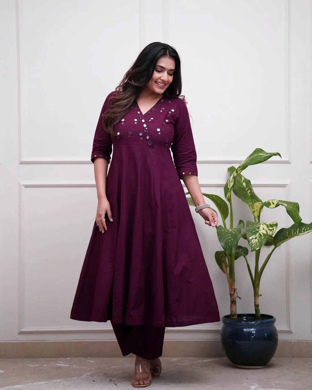 Wine Cotton Kurti Pant Set with Mirror Work | Stylish Office Wear Kurta for Women - Image 2