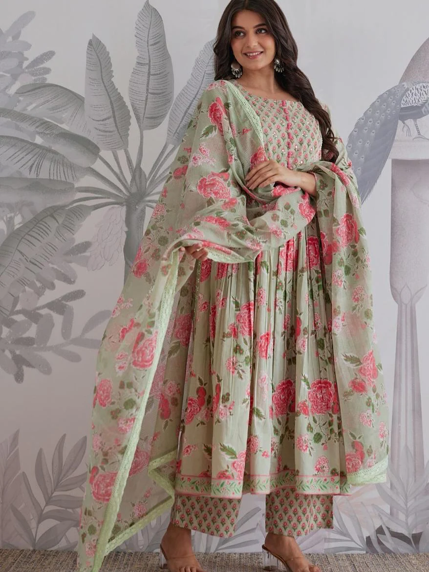 Green Floral Cotton Anarkali Kurti Set with Dupatta for Women - Image 2