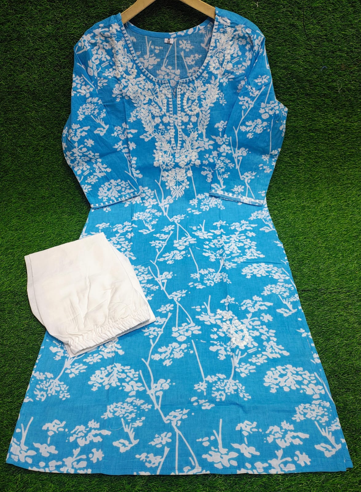 Blue Chikankari Kurti Pant Set | Mulmul Cotton Elegant Ethnic Wear for Women - Image 3