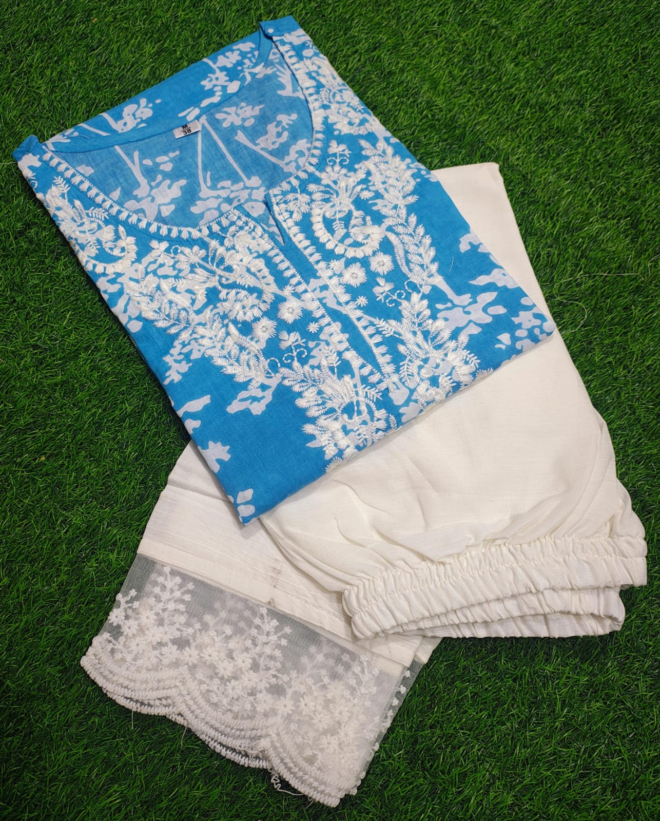 Blue Chikankari Kurti Pant Set | Mulmul Cotton Elegant Ethnic Wear for Women - Image 4