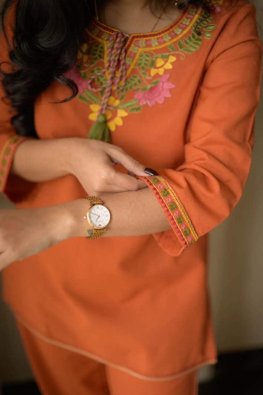 Rust Orange Embroidered Kurta Pant Set for Women – Stylish Ethnic Co-ord Outfit - Image 3