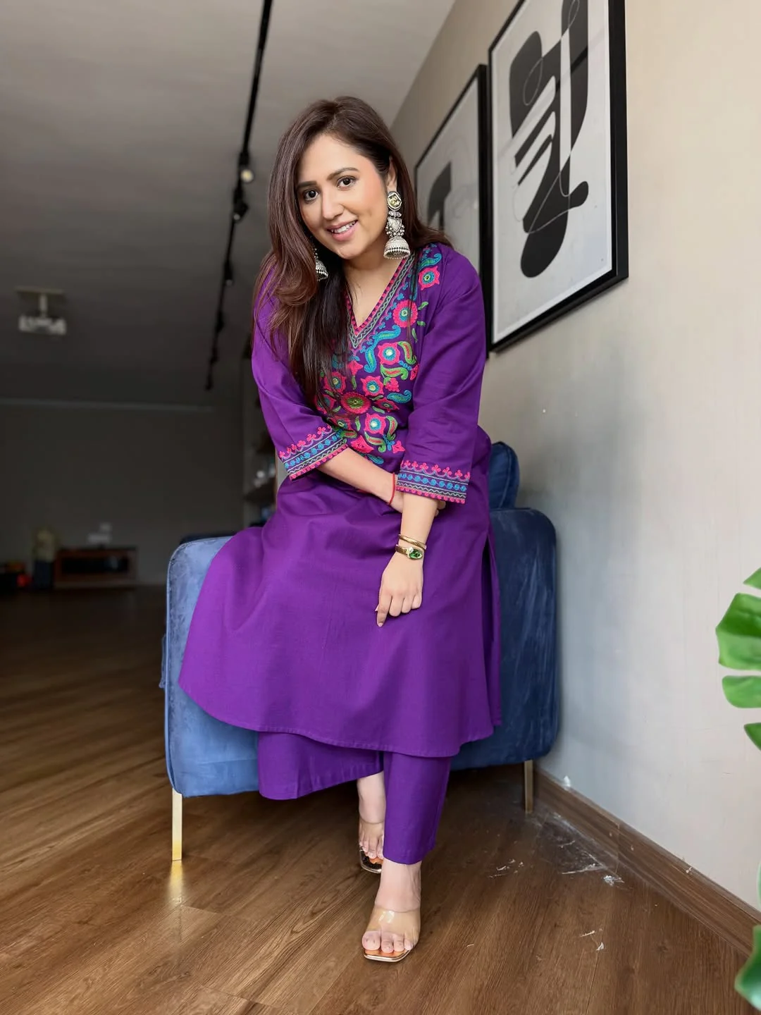 Purple Cotton Slub Kurta Palazzo Set for Women | A-Line Aari Work Embroidered Kurti with Pockets - Image 2