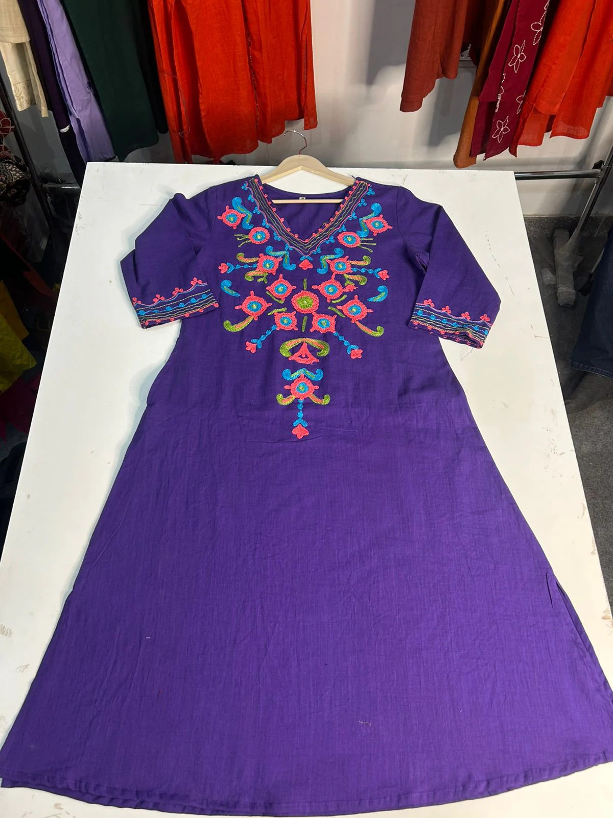 Purple Cotton Slub Kurta Palazzo Set for Women | A-Line Aari Work Embroidered Kurti with Pockets - Image 3
