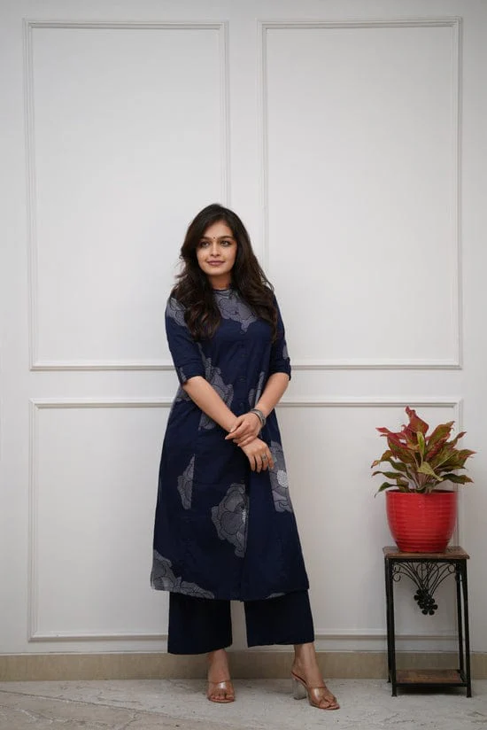 Navy Blue Floral Cotton Kurti Palazzo Set | A-Line Designer Co-ord Set for Women - Image 3