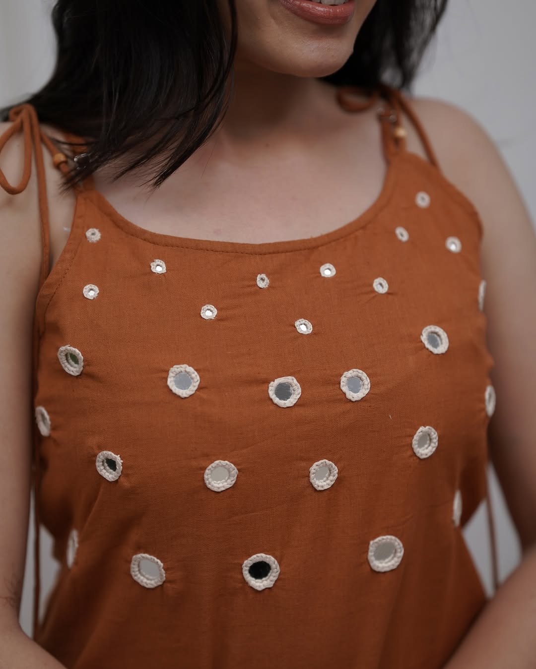 Rust Brown Cotton Slub Cord Set for Women | Mirror Work Sleeveless Kurta Plazo Set - Image 3