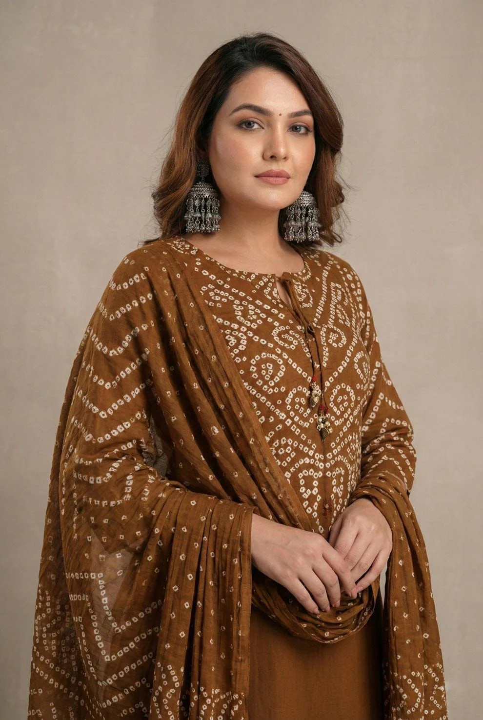 Brown Cotton Printed Kurti Set for Women | Elegant Kurta Pant with Dupatta - Image 2