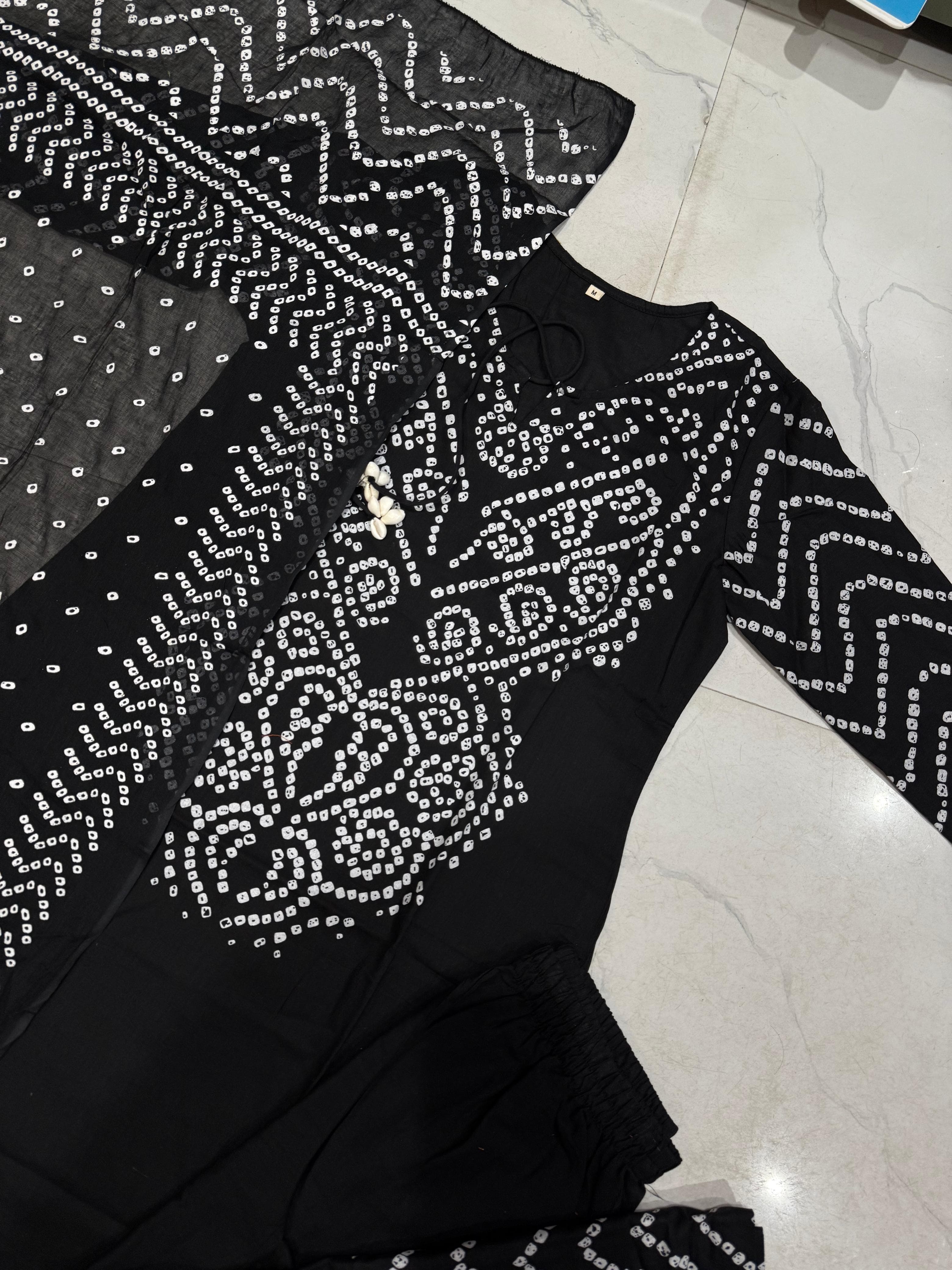 Black Bandhani Cotton Kurti Set for Women | Stylish Kurta Pant Dupatta - Image 2