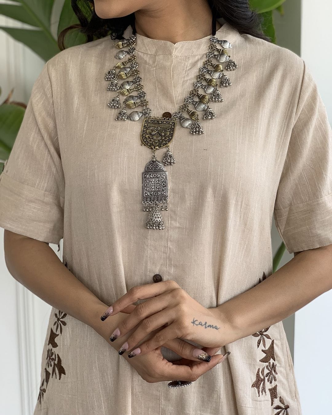 Premium Beige South Cotton Kurta Set | Hand Embroidered A-Line Cotton Kurta with Plazo - Image 2