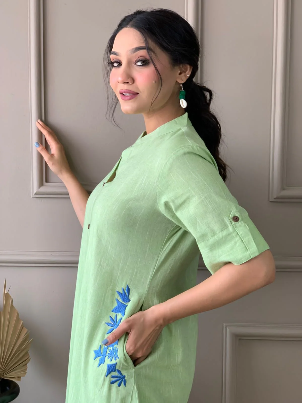 Elegant Light Green South Cotton Kurta Set | Hand Embroidered A-Line Cotton Kurta with Plazo - Image 2