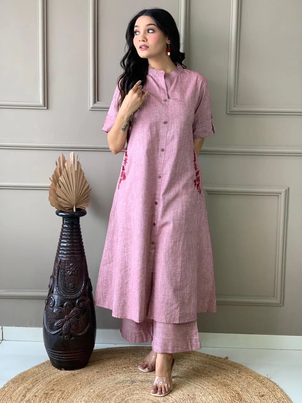 Stylish Pink South Cotton Kurta Set with Hand Embroidery | A-Line Cotton Plazo Set for Women - Image 2