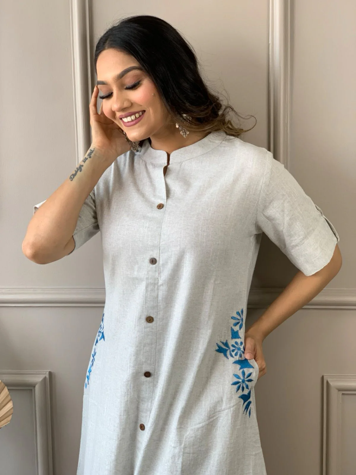 Premium White South Cotton A-Line Kurta Set with Hand Embroidery | Elegant Cotton Plazo Set - Image 2