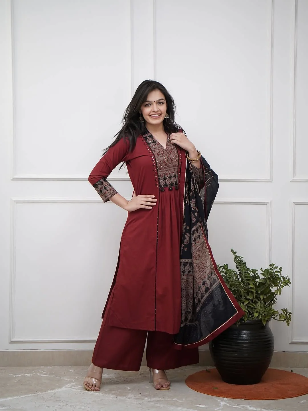 Maroon Cotton Kurta Pant Set with Printed Dupatta for Women | Festive Ethnic Wear
