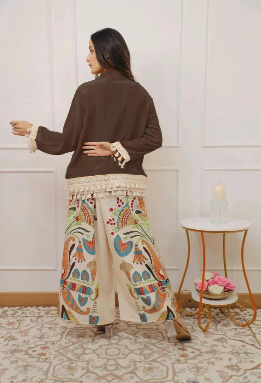 Brown Cotton Cord Set for Women | Embroidered Top with Printed Pants - Image 2