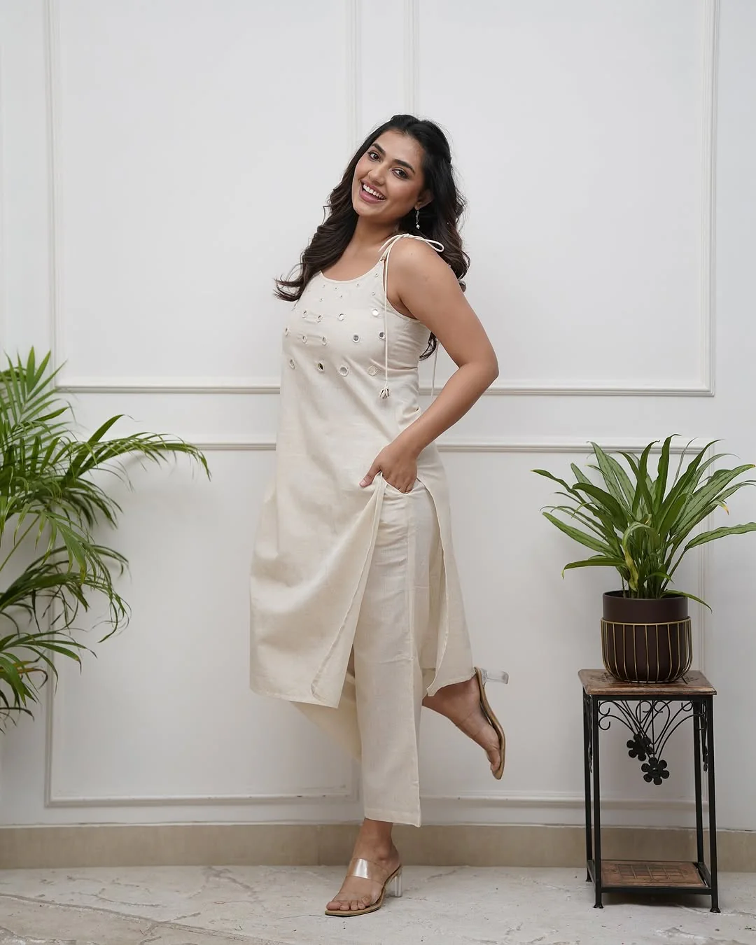 Off White Cotton Slub Cord Set for Women | Sleeveless Kurta Plazo Set with Mirror Work - Image 2