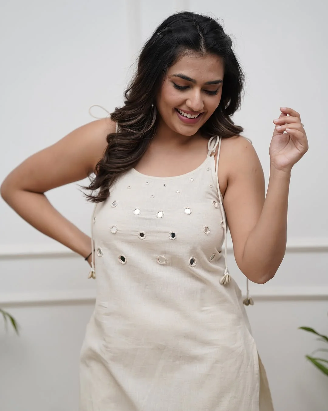 Off White Cotton Slub Cord Set for Women | Sleeveless Kurta Plazo Set with Mirror Work - Image 3