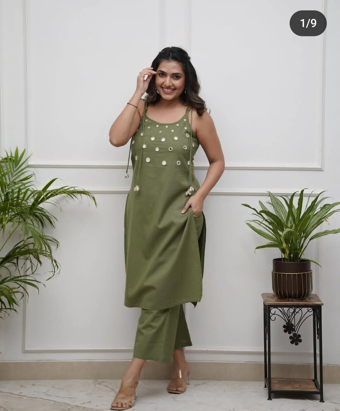 Olive Green Cotton Slub Cord Set | Sleeveless Mirror Work Kurta Set for Women
