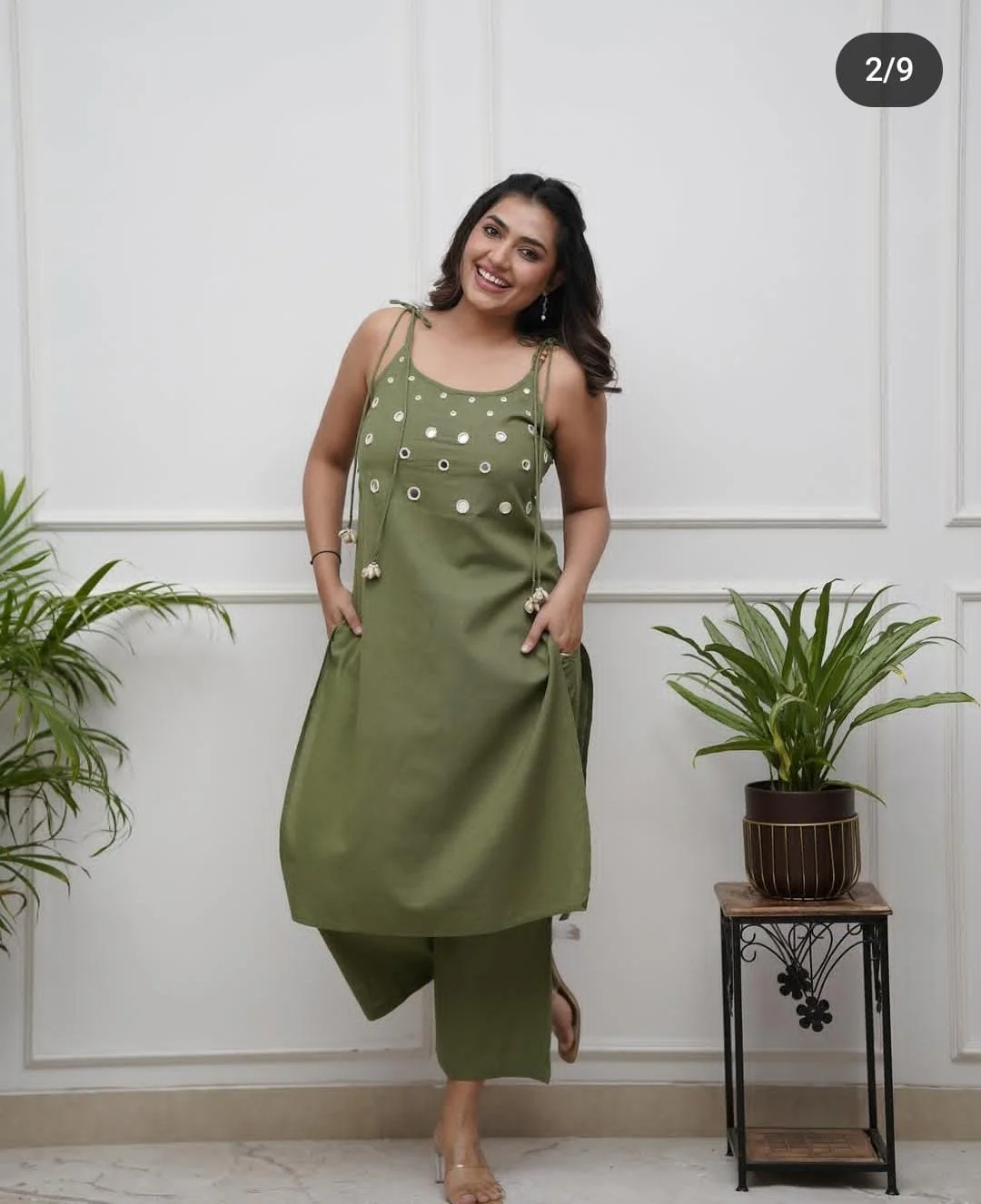 Olive Green Cotton Slub Cord Set | Sleeveless Mirror Work Kurta Set for Women - Image 2