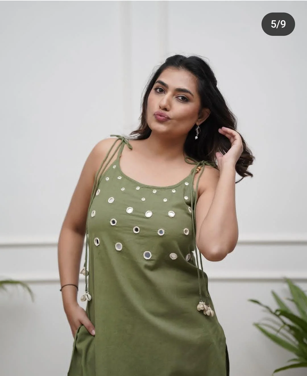 Olive Green Cotton Slub Cord Set | Sleeveless Mirror Work Kurta Set for Women - Image 3