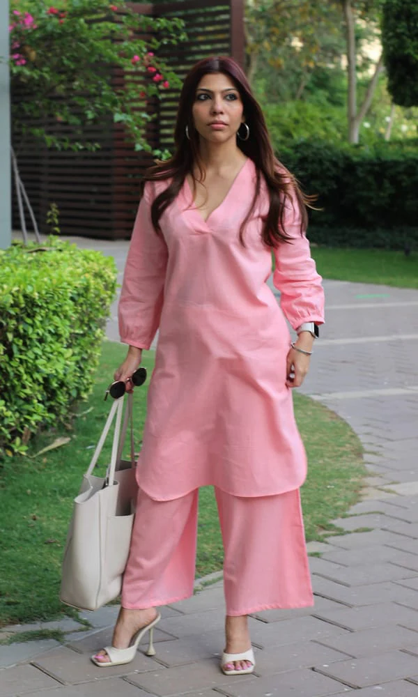 Peach Pink Cotton Slub Kurta Pant Set | Trendy Office Wear