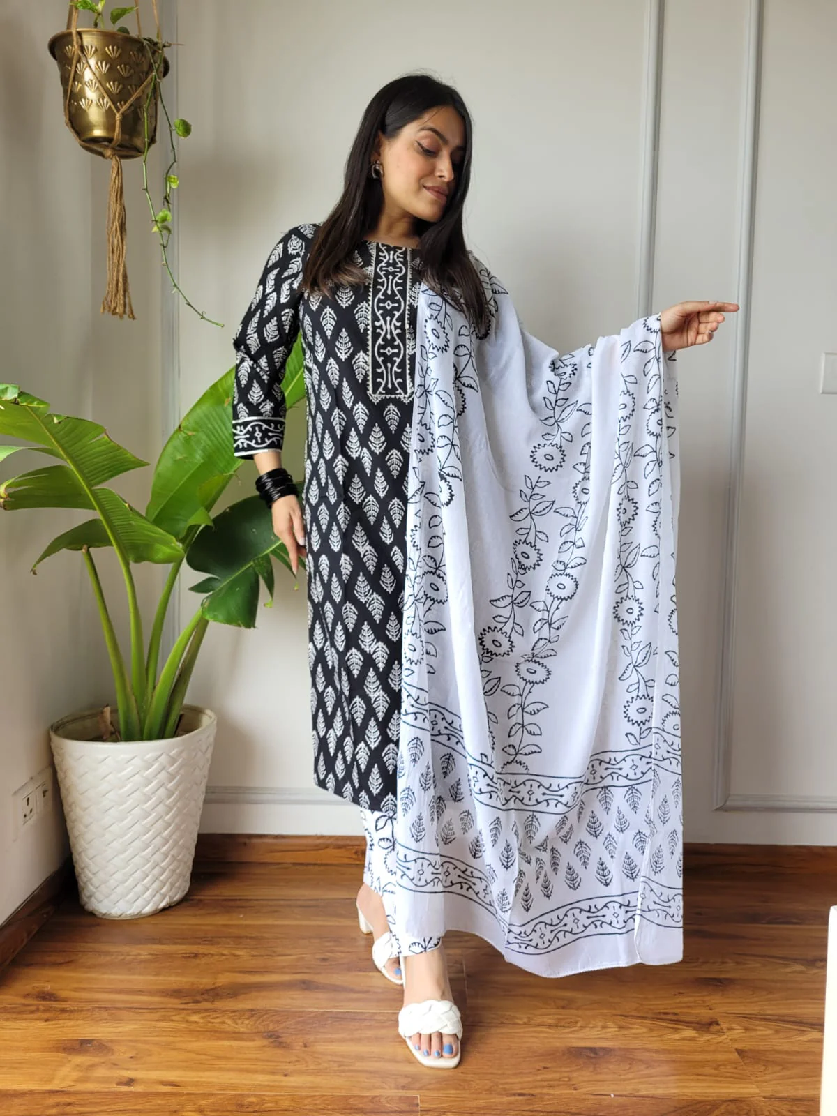 Black White Designer Cotton Suit with Cotton Dupatta