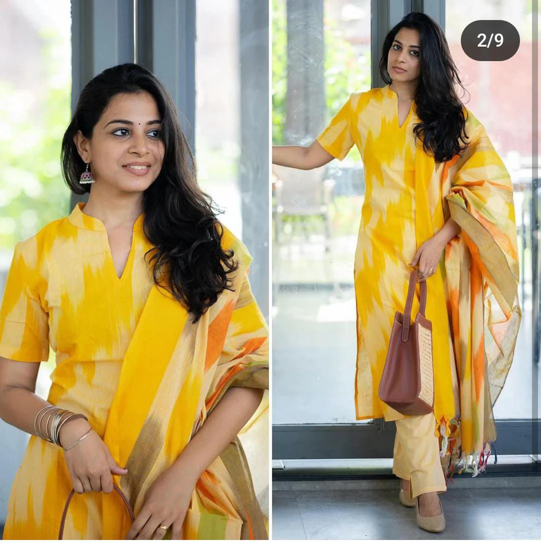 Yellow Ikat Print Handloom Cotton Kurti Set - Image 2