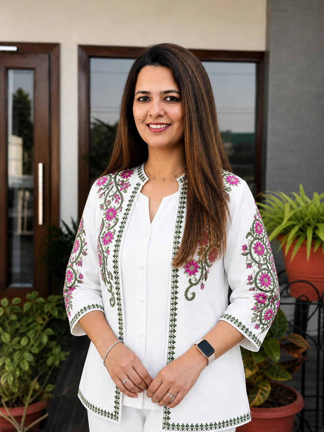White Cotton Flex 3-Piece Embroidered Jacket Set - Image 2