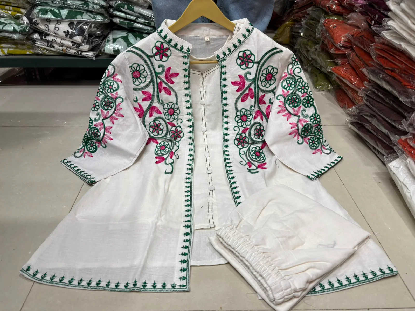 White Cotton Flex 3-Piece Embroidered Jacket Set - Image 3