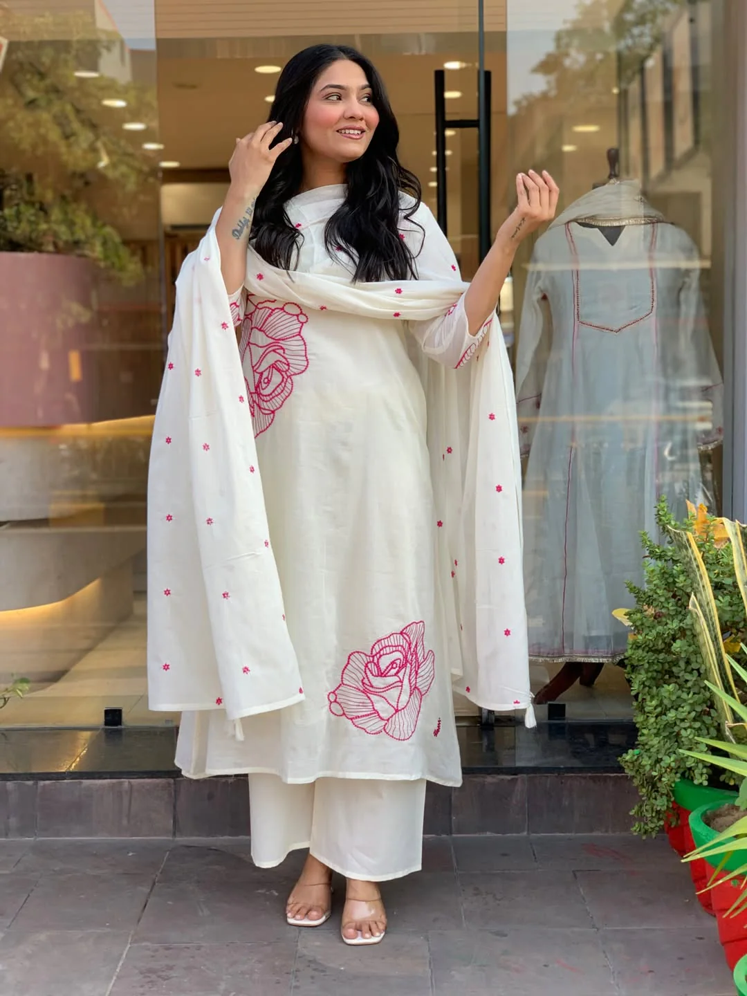 Pure Cotton White Embroidered Kurta Pant Dupatta Set for Women - Image 2