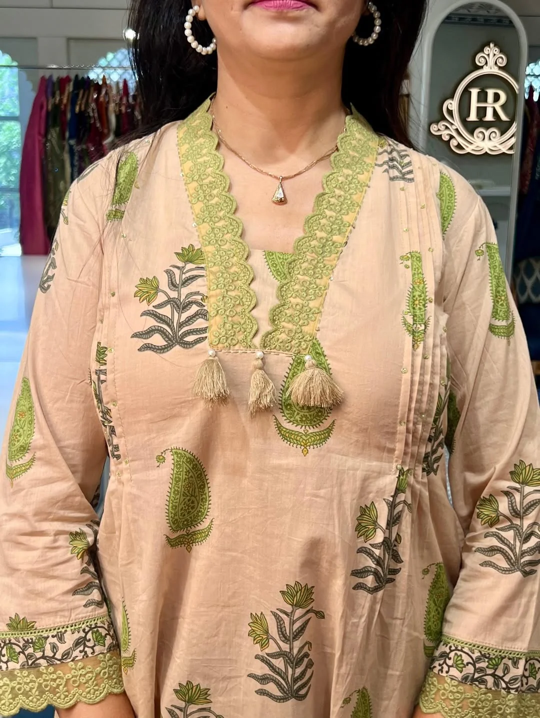 Cream & Olive Green Paisley Block Print Cotton Kurti Palazzo Dupatta Set - Image 2