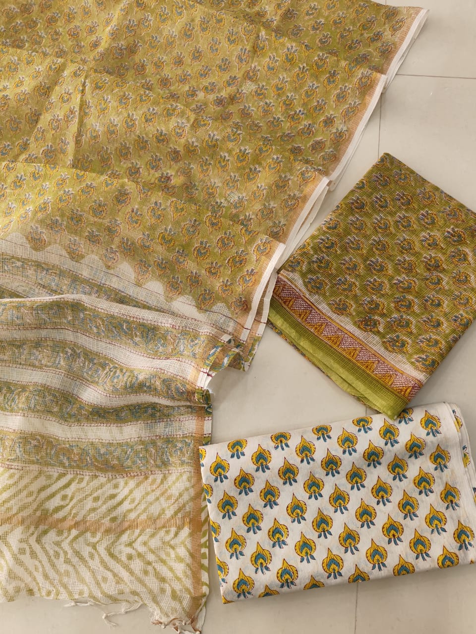 Olive Green Paisley Hand Block Print Kota Doriya Suit  (BFFKO73)