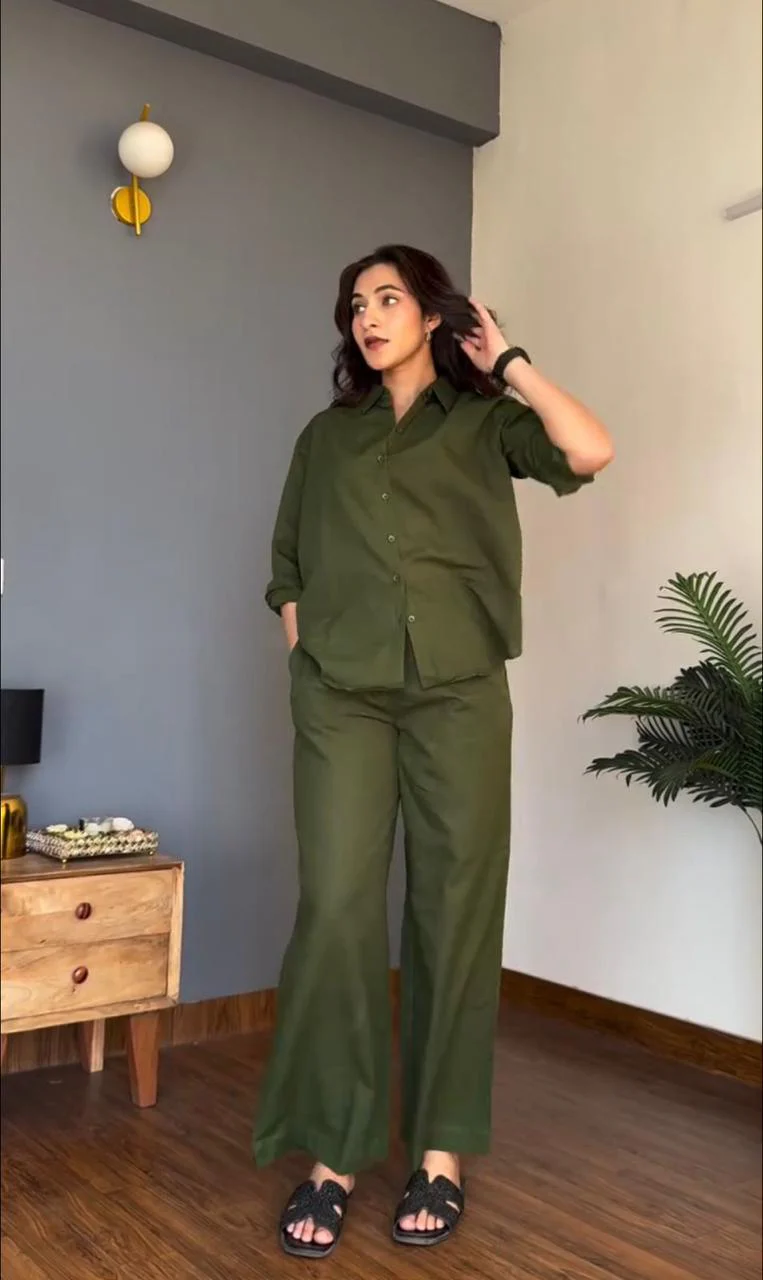 Olive Green Pure Cotton Coord Set | Shirt & Wide Leg Pant - Image 2