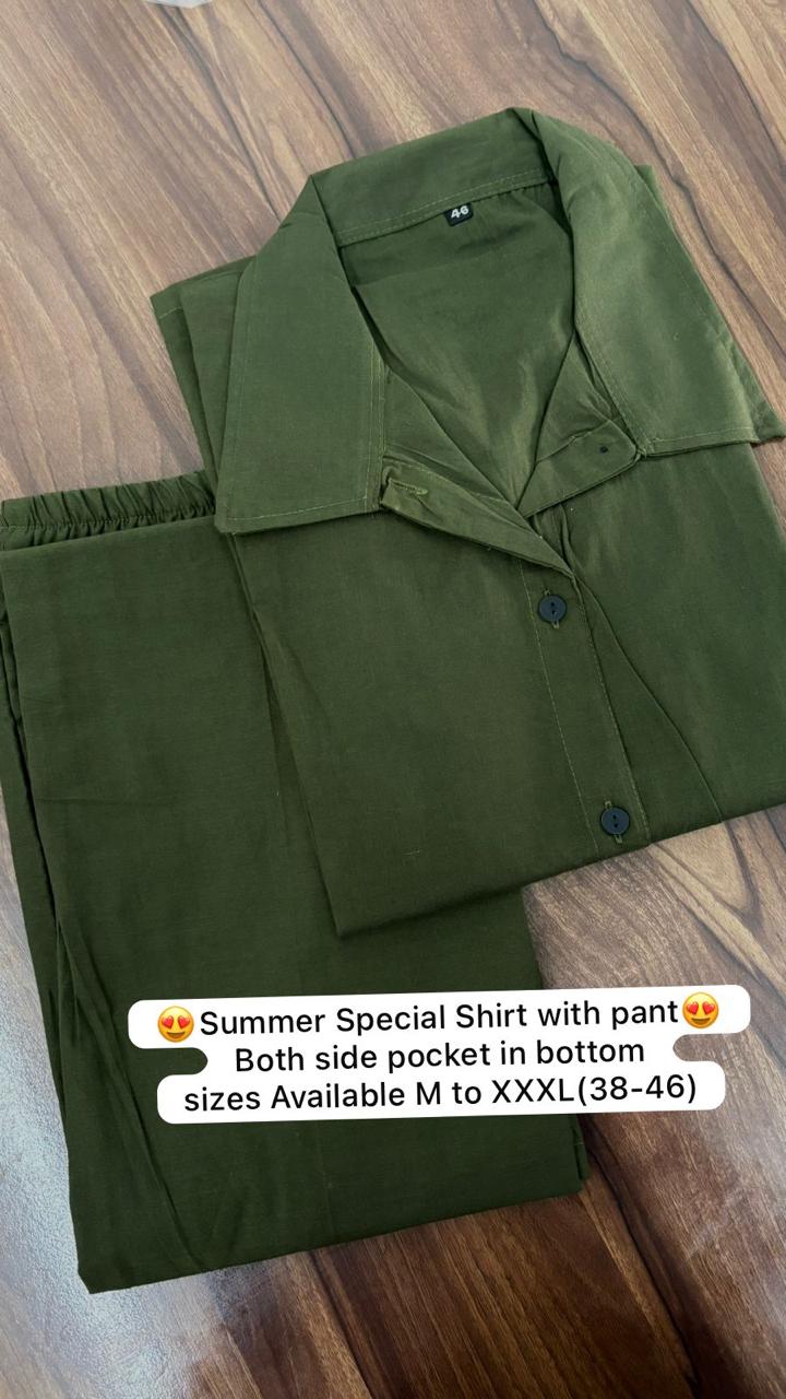 Olive Green Pure Cotton Coord Set | Shirt & Wide Leg Pant - Image 3