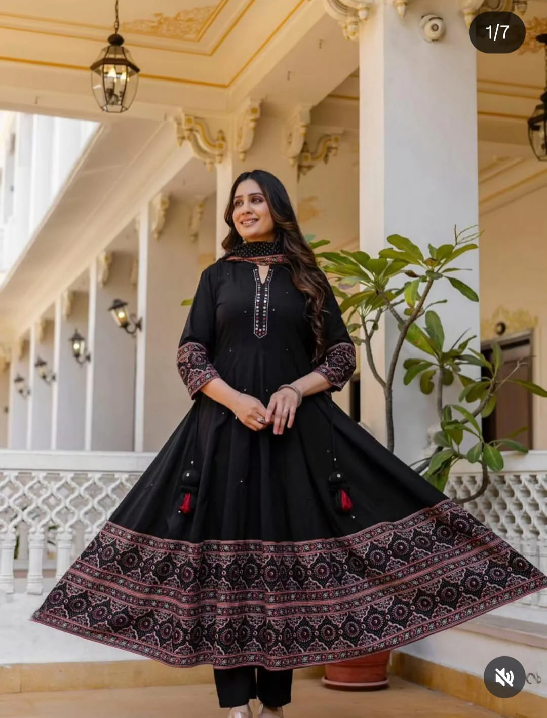 Black Premium Cotton Anarkali Dress | Mirror & Katha Thread Work | Hand Block Print Border