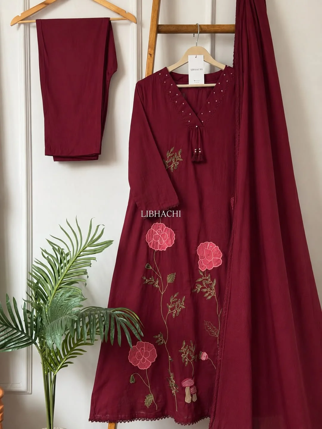 Maroon Cotton A-Line Kurta Set with Floral Hand Embroidery & Mulmul Dupatta - Image 2