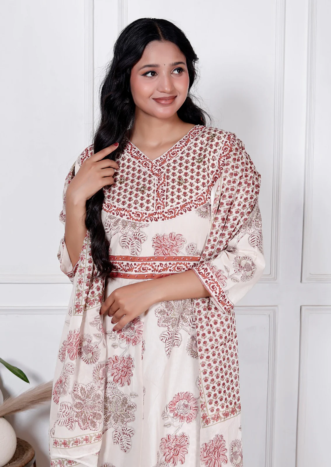Maroon Floral Print Premium Cotton Anarkali Suit Set - Image 2