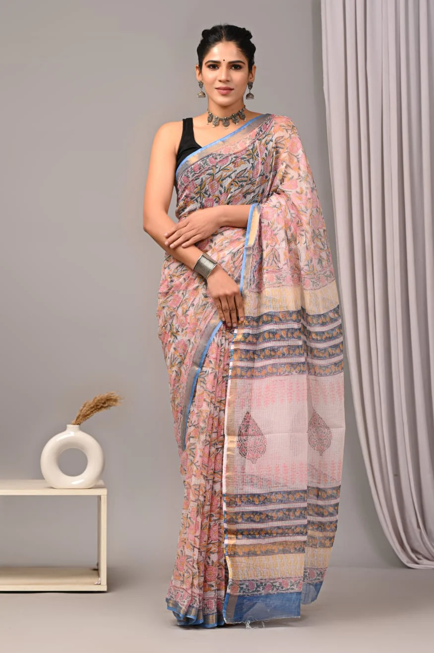Ivory Pink Blue Kota Doriya Saree | Floral Hand Block Print | Pigment Special (BSFS49)