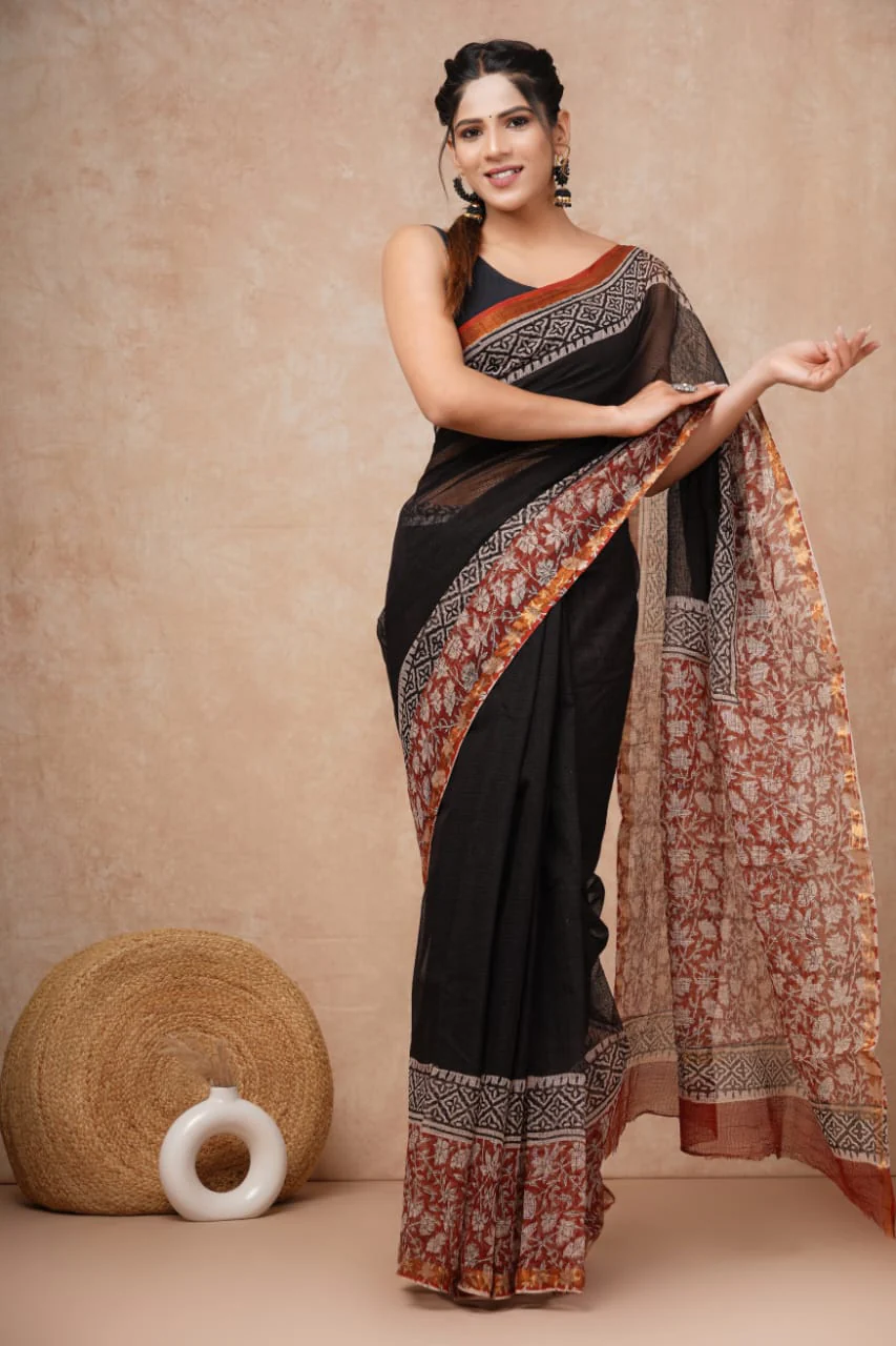 Black Kota Doriya Saree | Bagru Floral Printed Pallu & Border (BFKS59)