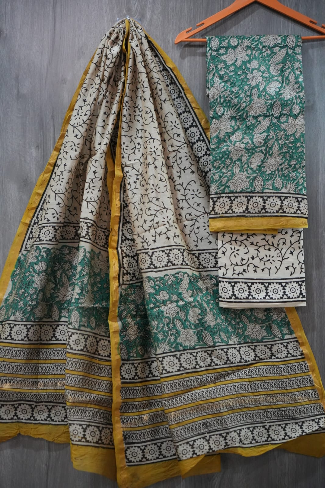 Teal Green & Cream Floral Arabesque Hand Block Print Chanderi Silk Dress Material (BFCHS44)