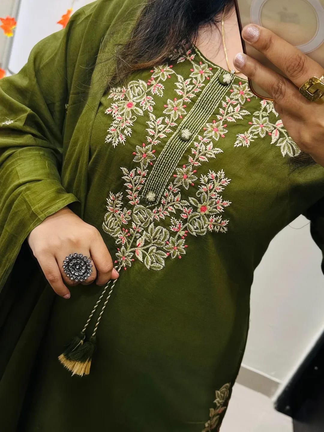 Olive Green Heavy Embroidery Silk Kurti Palazzo Dupatta Set - Image 2
