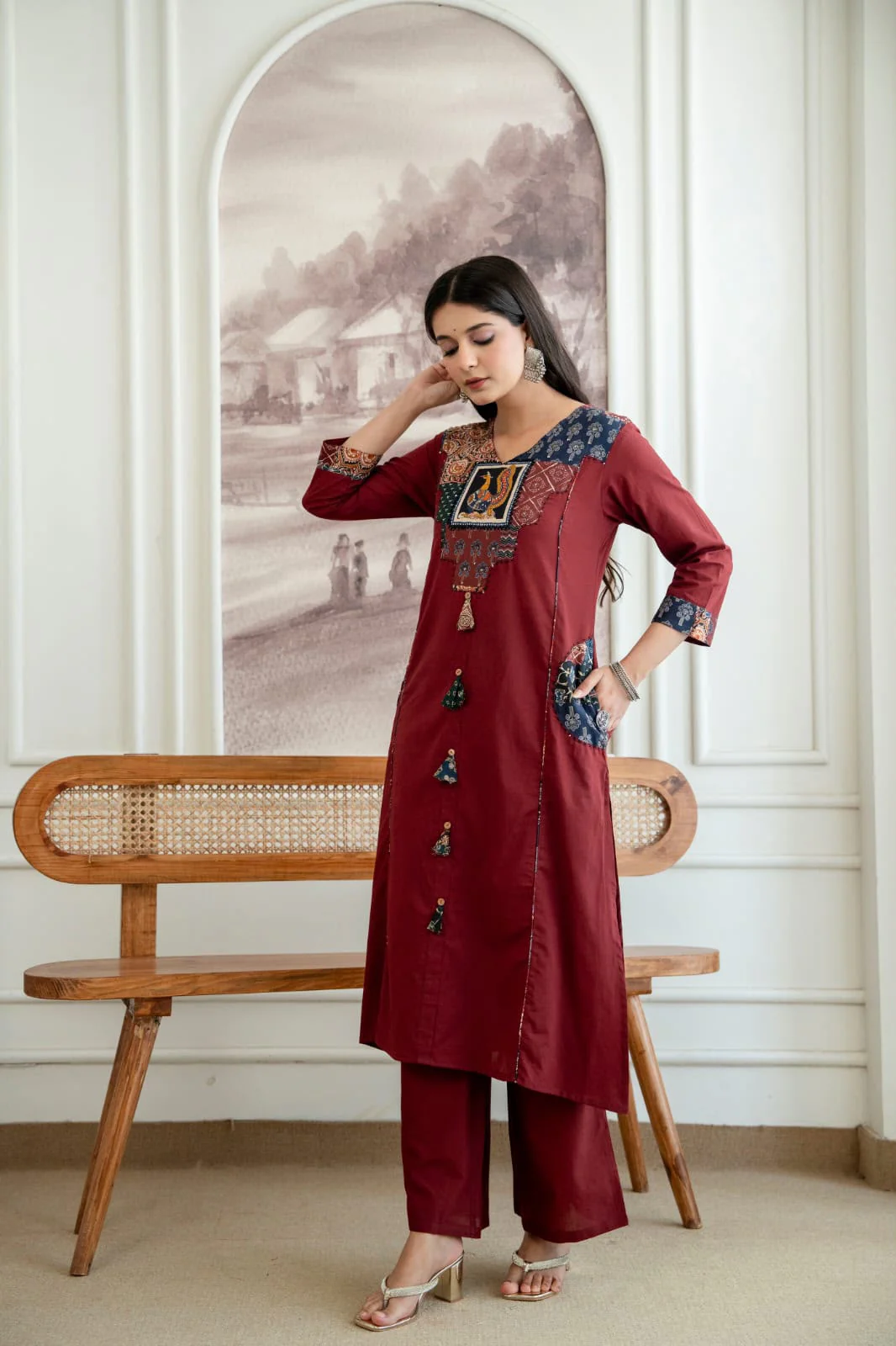 Maroon Pure Cotton Suit Set with Kalamkari Print Dupatta - Image 2