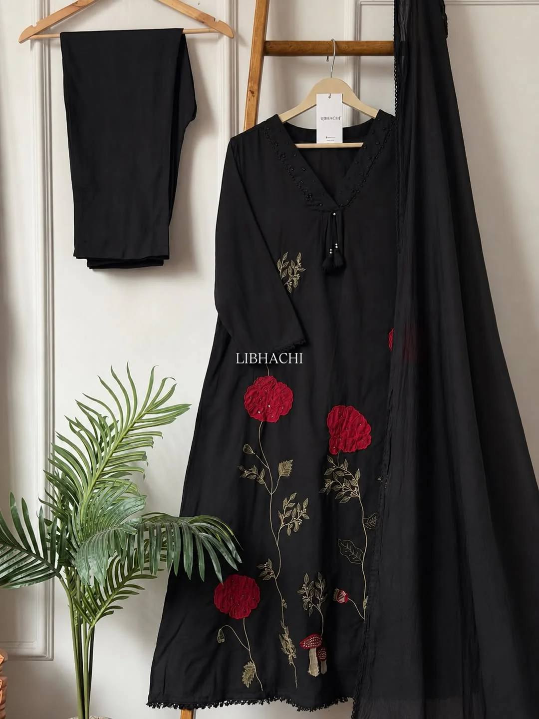 Black Cotton A-Line Kurta Set with Red Floral Hand Embroidery & Mulmul Dupatta - Image 2